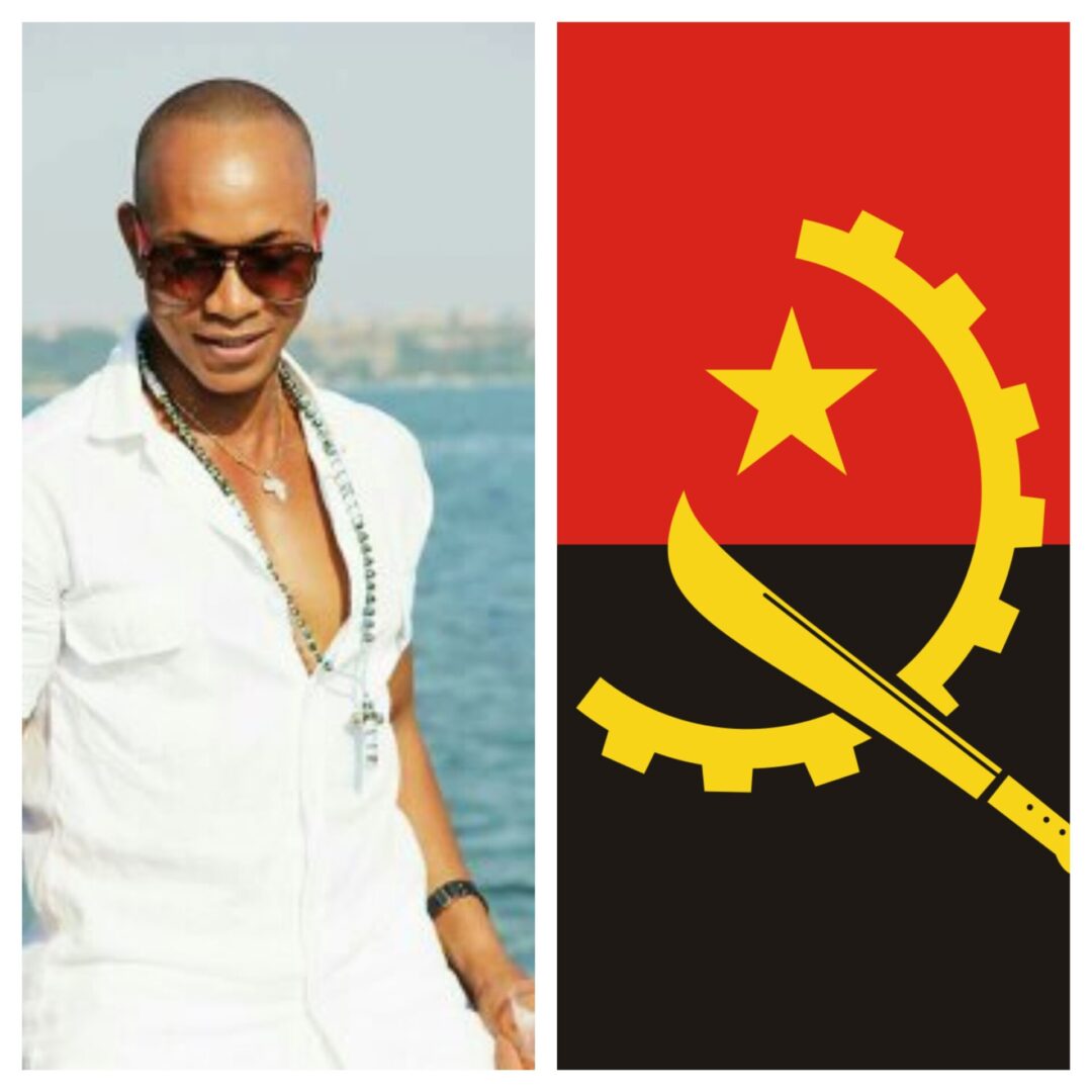 A photo collage of a performer and a flag of Angola