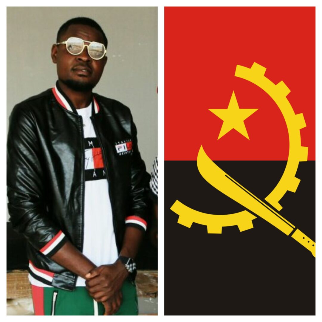 A photo collage of a performer and a flag of Angola