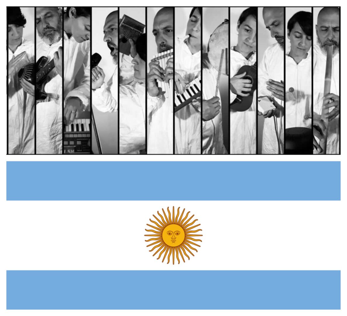 A photo collage of performers and a flag of Argentina