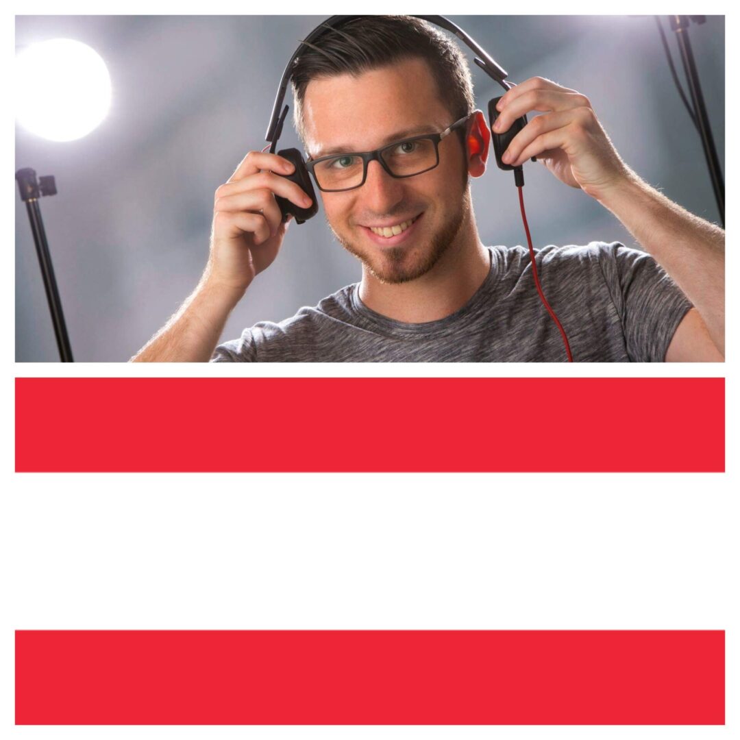 A photo collage of a performer and the flag of Austria