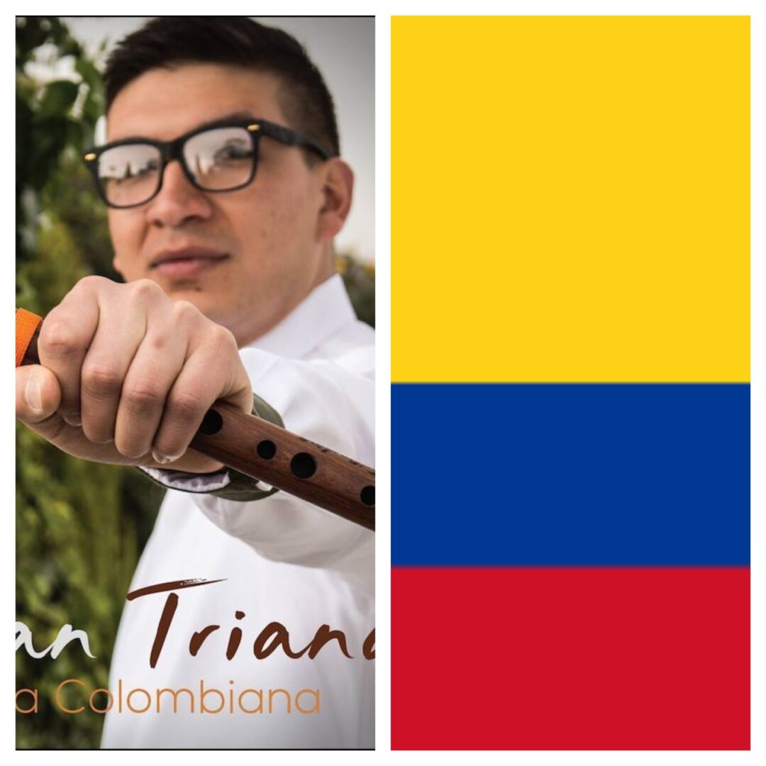 A photo collage of a performer and a flag of Colombia