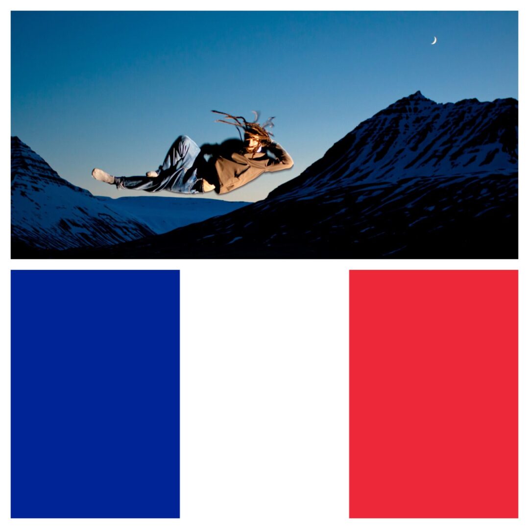 A photo collage of a performer and a flag of France