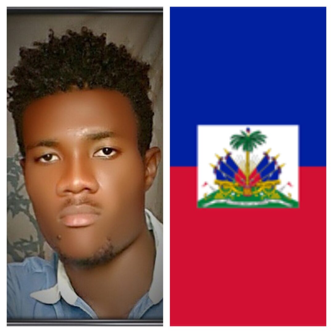 A photo collage of a performer and a flag of Haiti