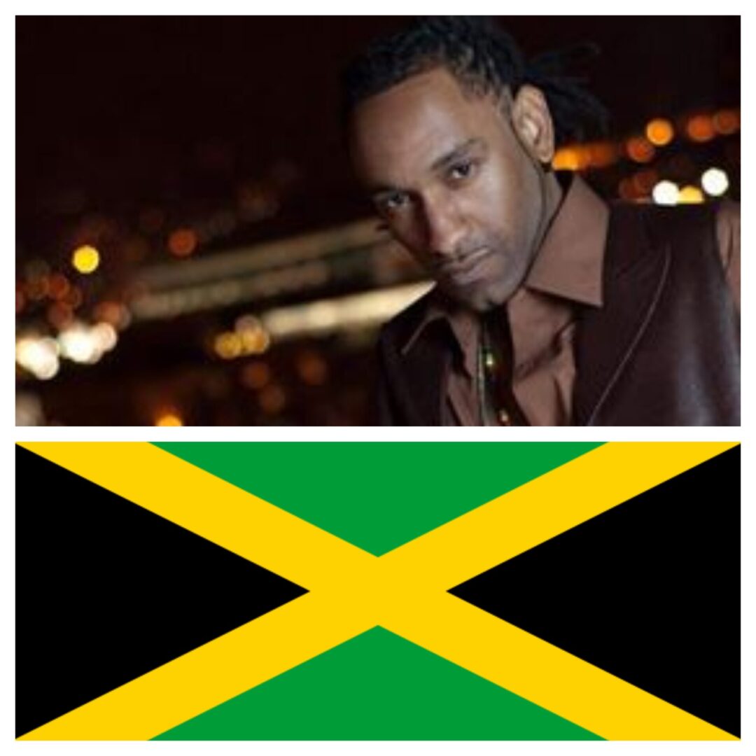 A photo collage of a performer and a flag of Jamaica