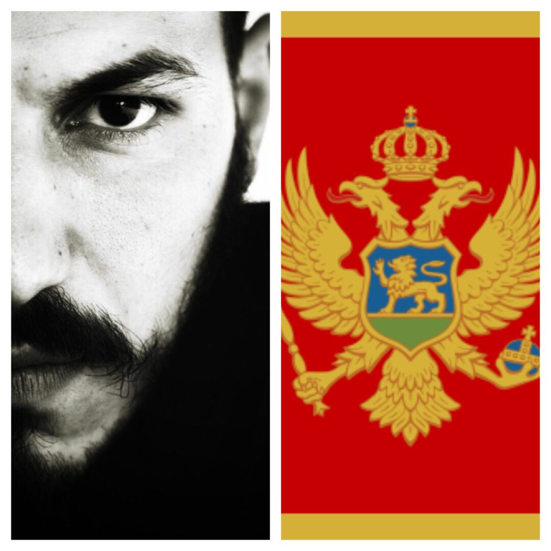 A photo collage of a performer and a flag of Montenegro