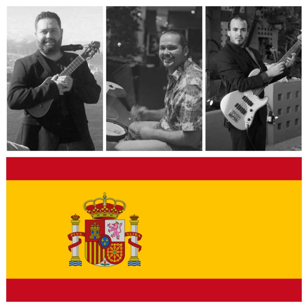 A photo collage of a performer and a flag of Spain