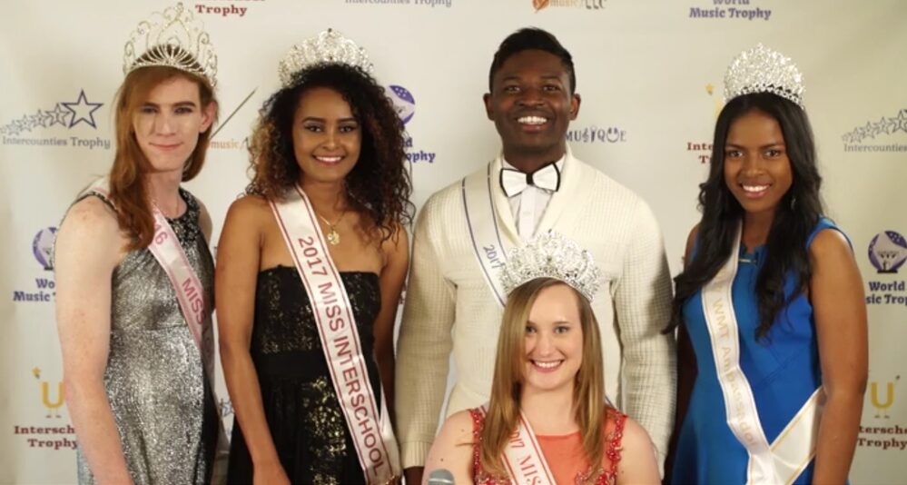 Five winners of pageants wearing crowns and sashes